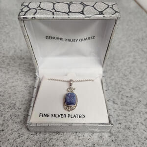 Silver Plate Sajen Oval Purple/Navy Amethyst Druzy Stone Pendant Signed IN